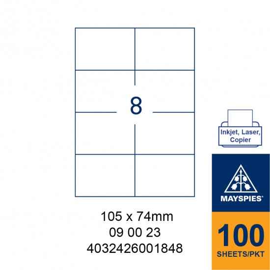 MAYSPIES 09 00 23 LABEL FOR INKJET / LASER / COPIER 100 SHEETS/PKT WHITE 105X74MM
